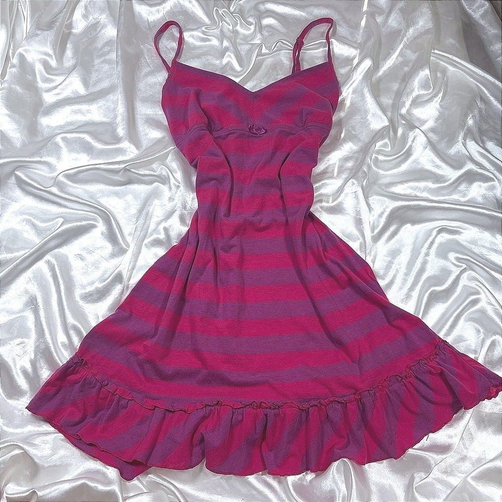 y2k Sleep Dress Pink Excellent Striped Ruffle Hem Chemise Nightgown